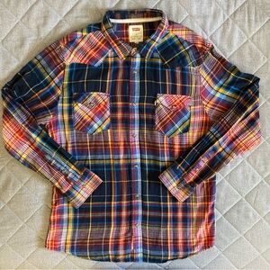 Levi’s Long Sleeve Flannel Pearl Snap Shirt Mens XL Red Blue Plaid Western Style